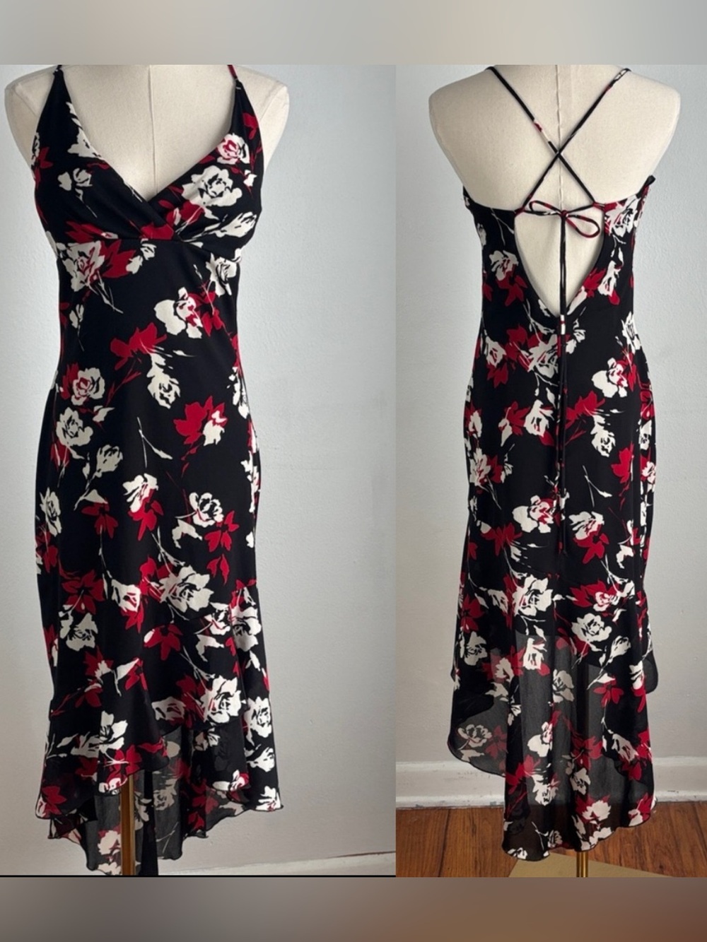 Charlotte‎ Russe Y2K Babydoll Dress Grunge Asymmetrical Floral Open Back Women M